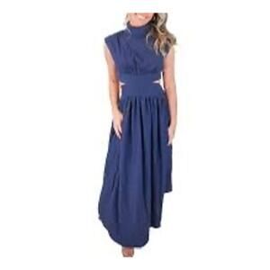 COMMENSE Cut Out Navy Maxi Dress Mock Neck Beach Resort Pockets Women's Med NWOT